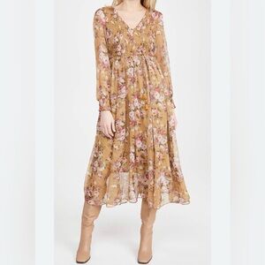 NWT Anthropologie O.P.T. Mustard Yellow Floral Smocked V-Neck Chiffon Midi Dress